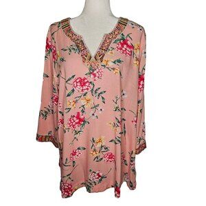 Belle by Kim Gravel Size XL Bobo Floral Print Pink Blouse Embroidery Cottagecore